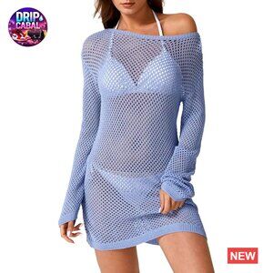 Crochet Mesh Knit Beach Dress Cover Up Long Sleeve Boat Neck